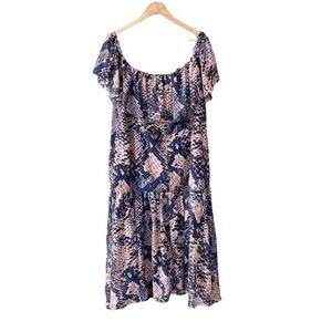 Cooper St Snake Print Off The Shoulder Ruffle Midi Dress Blue Pink 10 Cocktail